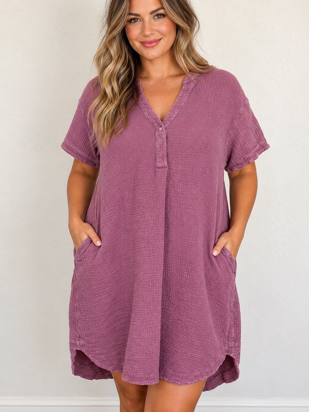 Easel Los Angeles 1X Mauve Cotton Gauze Tunic Dress with Pockets
